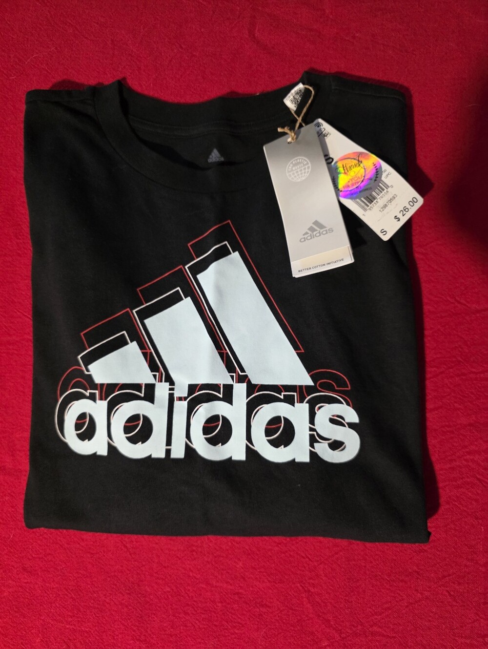 adidas Black Short Sleeve Tee with White Logo and Red Outline